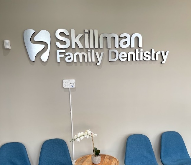Skillman Family Dentistry sign in Saturday dental office waiting room